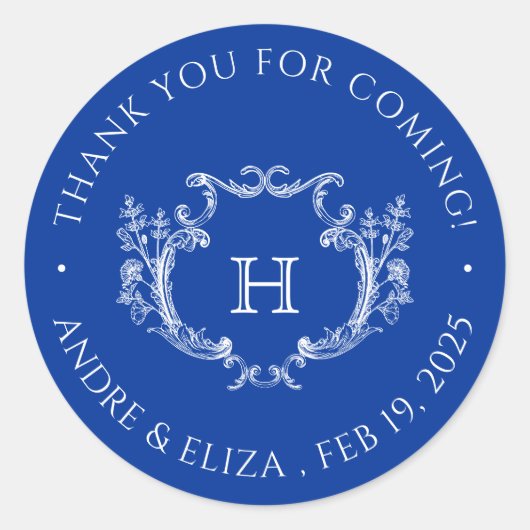 Royal Blue Floral Crest Monogram Bruiloft Sticker (Voorkant)