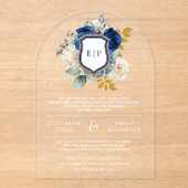 Royal Blue Floral Crest Monogram Huwelijk Acryl Uitnodigingen (Voorkant)