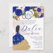 Royal Blue Floral Crest Roos Charro Quinceañera in Kaart (Voorkant)