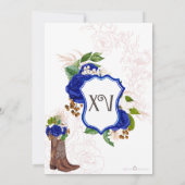 Royal Blue Floral Crest Roos Charro Quinceañera Kaart (Achterkant)