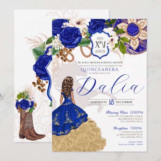 Royal Blue Floral Crest Roos Charro Quinceañera Kaart (Voorkant / Achterkant)