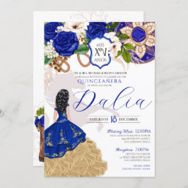 Royal Blue Floral Crest Roos Charro Quinceañera Kaart