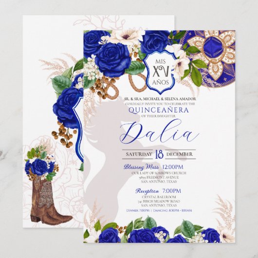 Royal Blue Floral Crest Roos Charro Quinceañera Kaart (Voorkant / Achterkant)