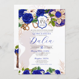 Royal Blue Floral Crest Roos Charro Quinceañera Kaart