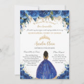 Royal Blue Floral Dama Request Gold Quinceañera XV Kaart (Voorkant)