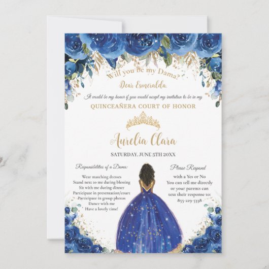 Royal Blue Floral Dama Request Gold Quinceañera XV Kaart (Voorkant)