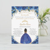 Royal Blue Floral Dama Request Gold Quinceañera XV Kaart (Staand voorkant)