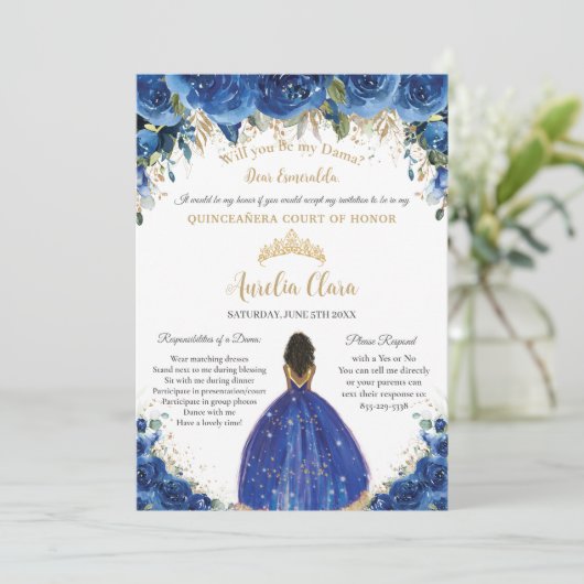 Royal Blue Floral Dama Request Gold Quinceañera XV Kaart (Staand voorkant)