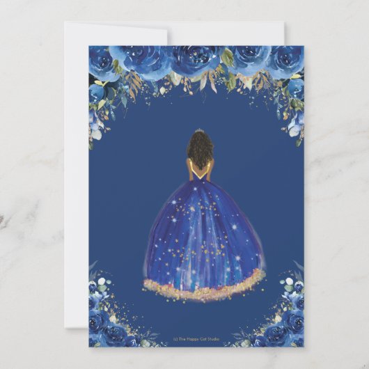 Royal Blue Floral Dama Request Gold Quinceañera XV Kaart (Achterkant)