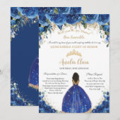Royal Blue Floral Dama Request Gold Quinceañera XV Kaart (Voorkant / Achterkant)