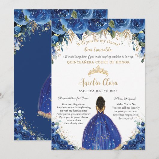 Royal Blue Floral Dama Request Gold Quinceañera XV Kaart (Voorkant / Achterkant)