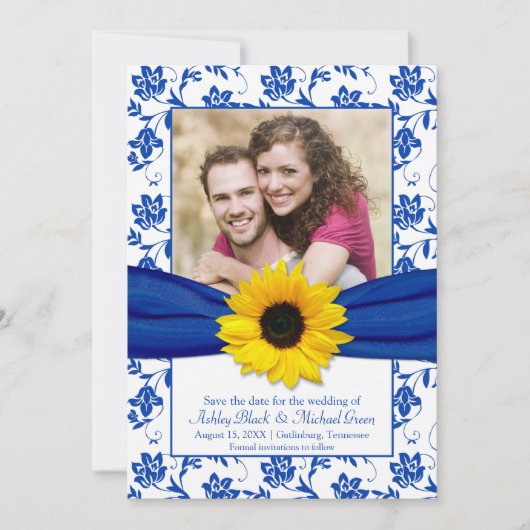 Royal Blue Floral Damask Sunflower Save the Date (Voorkant)