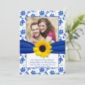 Royal Blue Floral Damask Sunflower Save the Date (Staand voorkant)