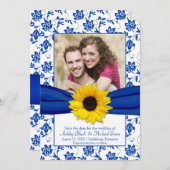 Royal Blue Floral Damask Sunflower Save the Date (Voorkant / Achterkant)