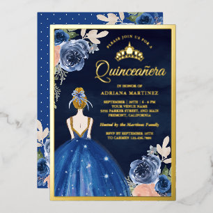 Royal Blue Floral Dress Navy Quinceanera Gold Folie Uitnodiging