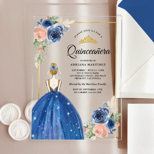 Royal Blue Floral Dress Princess Gold Quinceanera Acryl Uitnodigingen