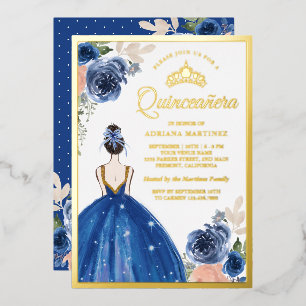 Royal Blue Floral Dress Princess Quinceanera Gold Folie Uitnodiging
