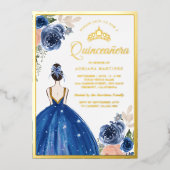 Royal Blue Floral Dress Princess Quinceanera Gold Folie Uitnodiging (Voorkant)