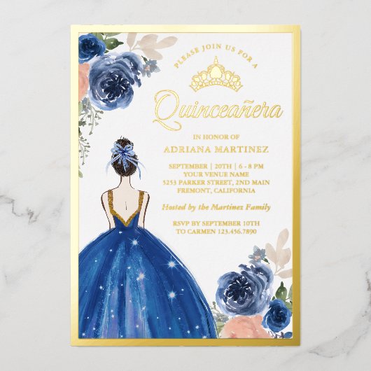 Royal Blue Floral Dress Princess Quinceanera Gold Folie Uitnodiging (Voorkant)