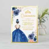 Royal Blue Floral Dress Princess Quinceanera Gold Folie Uitnodiging (Staand Voorkant)