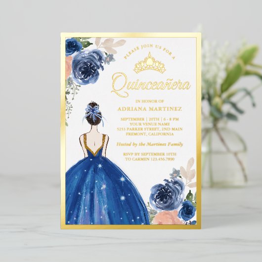 Royal Blue Floral Dress Princess Quinceanera Gold Folie Uitnodiging (Staand Voorkant)