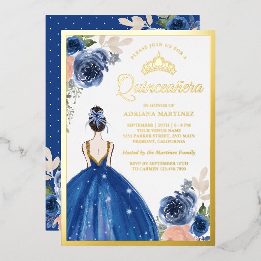 Royal Blue Floral Dress Princess Quinceanera Gold Folie Uitnodiging (Voorkant / Achterkant)