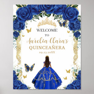 Royal Blue Floral Dress Quinceañera  Gold Poster