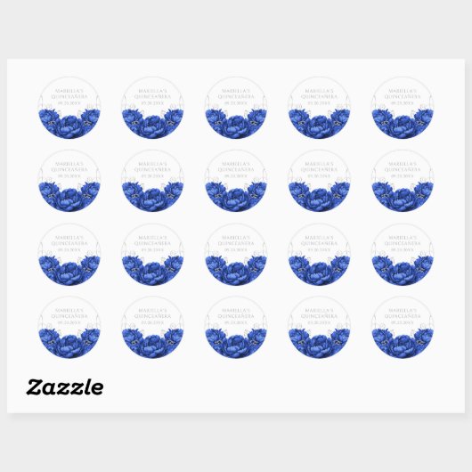 Royal Blue Floral Elegant Quinceanera Ronde Sticker (Vel)