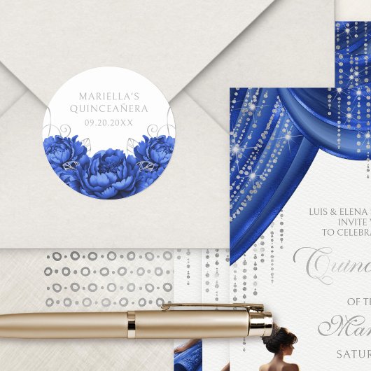 Royal Blue Floral Elegant Quinceanera Ronde Sticker
