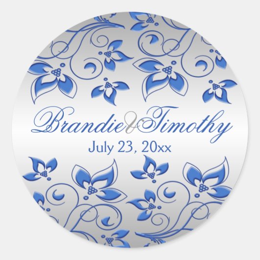 Royal Blue Floral en Silver 1,5" ronde Sticker (Voorkant)