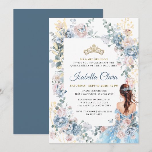 Royal Blue Floral Garden Quinceanera Kaart (Voorkant / Achterkant)