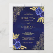 Royal Blue Floral Gold Lace QR Code Wedding Kaart (Voorkant)