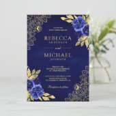 Royal Blue Floral Gold Lace QR Code Wedding Kaart (Staand voorkant)