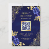 Royal Blue Floral Gold Lace QR Code Wedding Kaart (Achterkant)