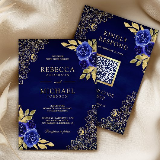 Royal Blue Floral Gold Lace QR Code Wedding Kaart
