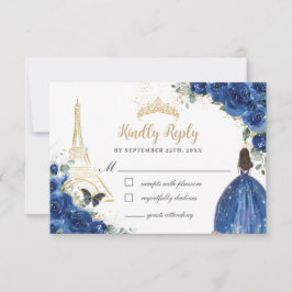 Royal Blue Floral Gold Paris Prinses Quinceañera RSVP Kaartje