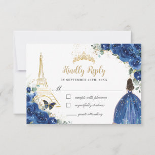Royal Blue Floral Gold Paris Prinses Quinceañera RSVP Kaartje