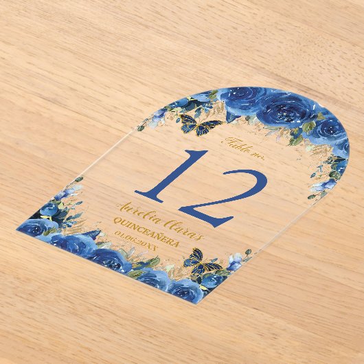 Royal Blue Floral Gold Quinceañera 16 Tafelnummer (Laagn)