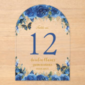 Royal Blue Floral Gold Quinceañera 16 Tafelnummer (Voorkant)