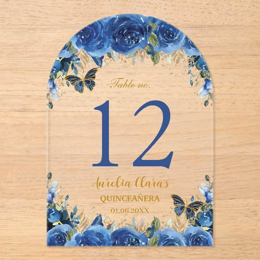 Royal Blue Floral Gold Quinceañera 16 Tafelnummer (Voorkant)