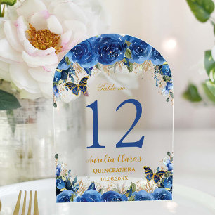 Royal Blue Floral Gold Quinceañera 16 Tafelnummer