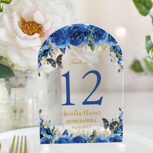 Royal Blue Floral Gold Quinceañera 16 Tafelnummer
