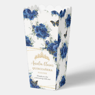 Royal Blue Floral Gold Quinceañera 16 Vlinders Bedankdoosjes
