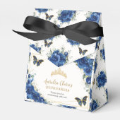 Royal Blue Floral Gold Quinceañera 16 Vlinders Bedankdoosjes (Voorkant Zijde)