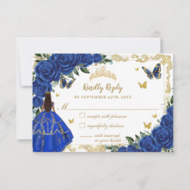 Royal Blue Floral Gold Quinceañera Brown Princess RSVP Kaartje