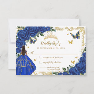 Royal Blue Floral Gold Quinceañera Brown Princess RSVP Kaartje