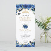 Royal Blue Floral Gold Quinceañera Evenementenorde Programmakaart (Staand voorkant)