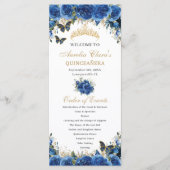 Royal Blue Floral Gold Quinceañera Evenementenorde Programmakaart (Voorkant)