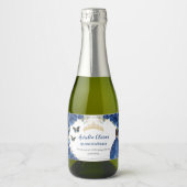 Royal Blue Floral Gold Quinceañera Verjaardag Sparkling Wijnetiket (Voorkant)