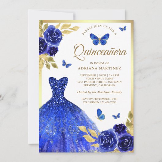 Royal Blue Floral Jurk Butterfly Gold Quinceanera Kaart (Voorkant)